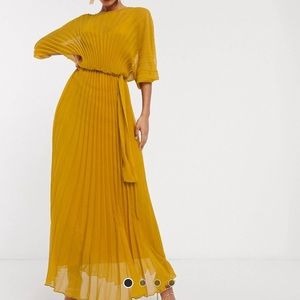 Pleated maxi dress with self belt